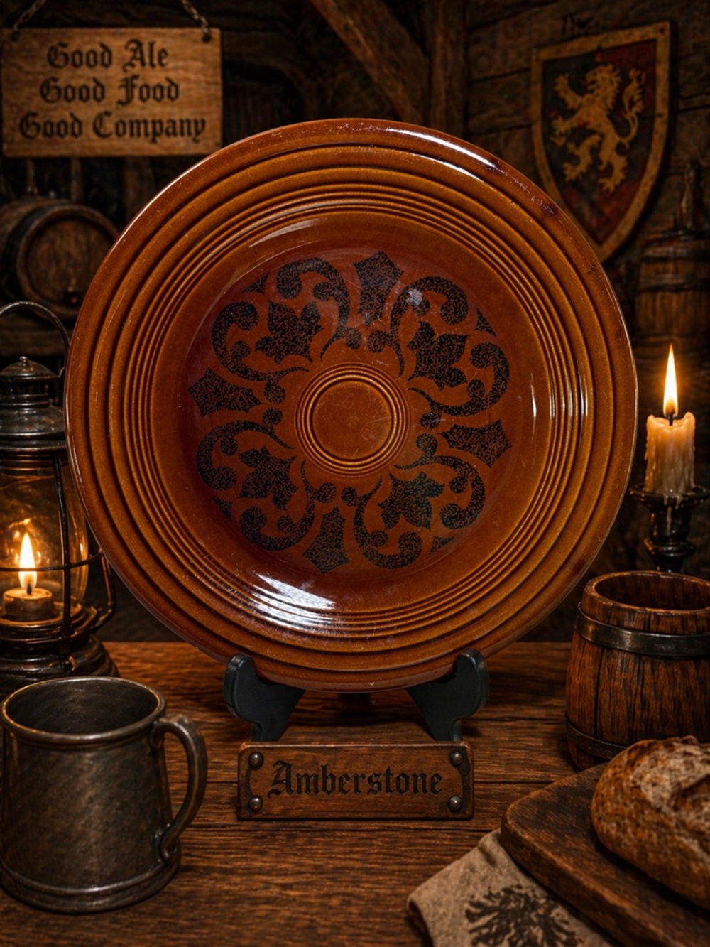 Fiestaware Amberstone Brown Decorative Dinner Plate with Dark Scroll Motif